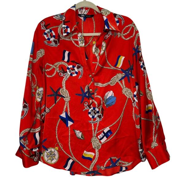 Zara Nautical Print Satin Blouse in Red size Large - Picture 3 of 10